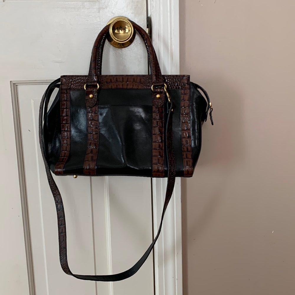 Brahmin leather satchel crossbody black with brown trim
